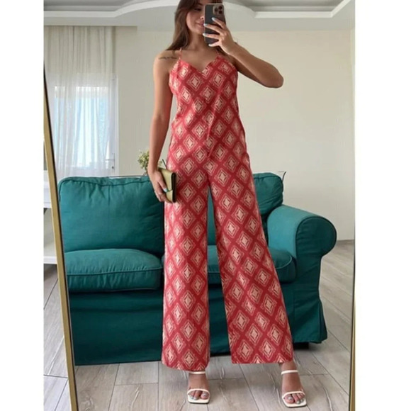 Zara Terracotta Printed Jami Wide Leg Boho Jumpsuit NWT Size XL Blogger Fav - Picture 1 of 12